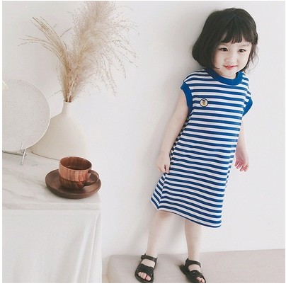 Dress T-shirt Anak Perempuan Tanpa Lengan Motif Strip Biru Import