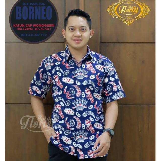 Hem Batik Warna Biru BORNEO Hem Batik Pria Lengan Pendek