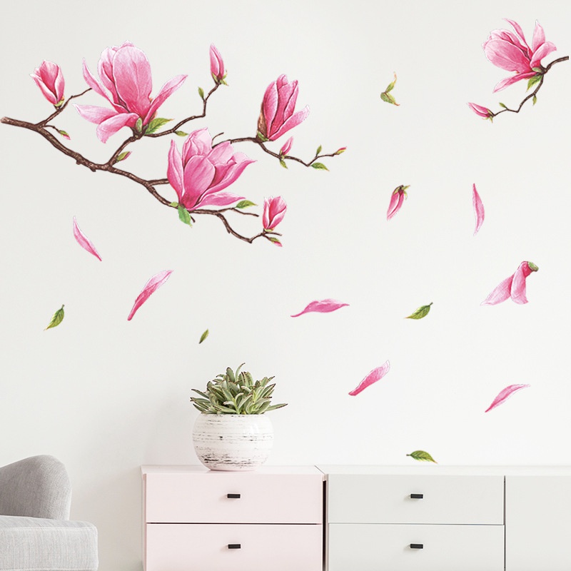 Stiker Dinding Motif Bunga Magnolia Untuk Dekorasi Ruang Tamu / Kamar Tidur