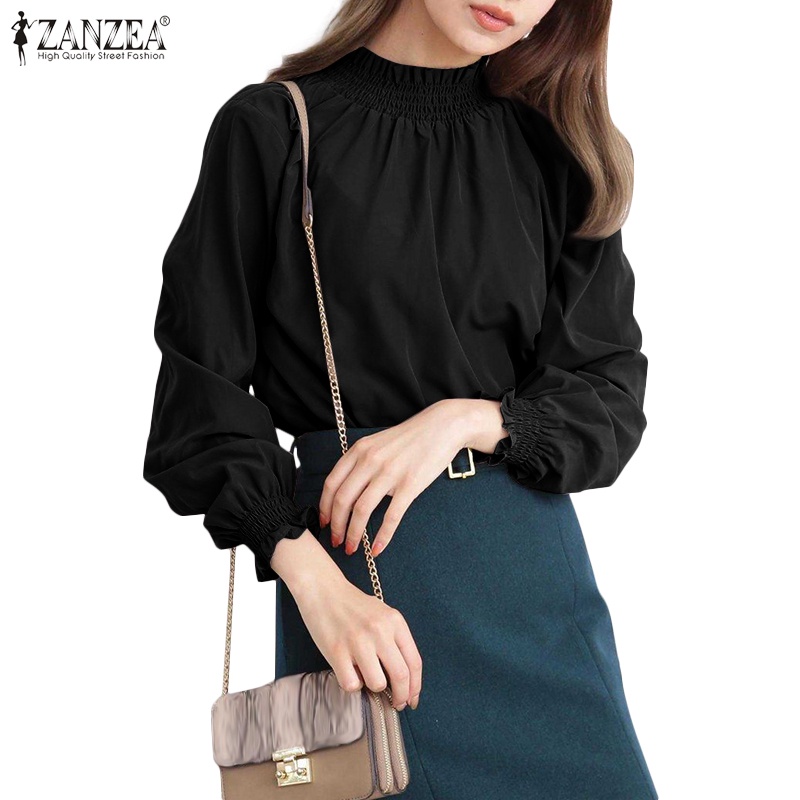 ZANZEA Retro Women Fashion Tops Blouse Solid Color Full Sleeve Turtleneck Casual Holiday Shirt