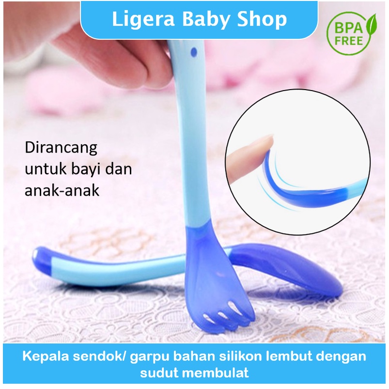 LIGERA Mangkok Anti Tumpah / Sendok Silikon Sensor Temperatur Suhu Panas / Garpu / Alat Makan Bayi