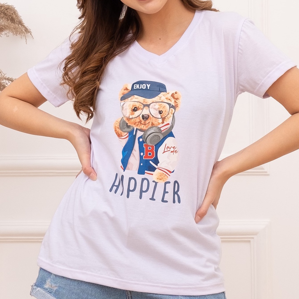 Printed Cute Woman Basic Tee V-Neck / Kaos Polos Wanita Kerah V / Kaos Motif Katun Adem BEAR HAPPIER