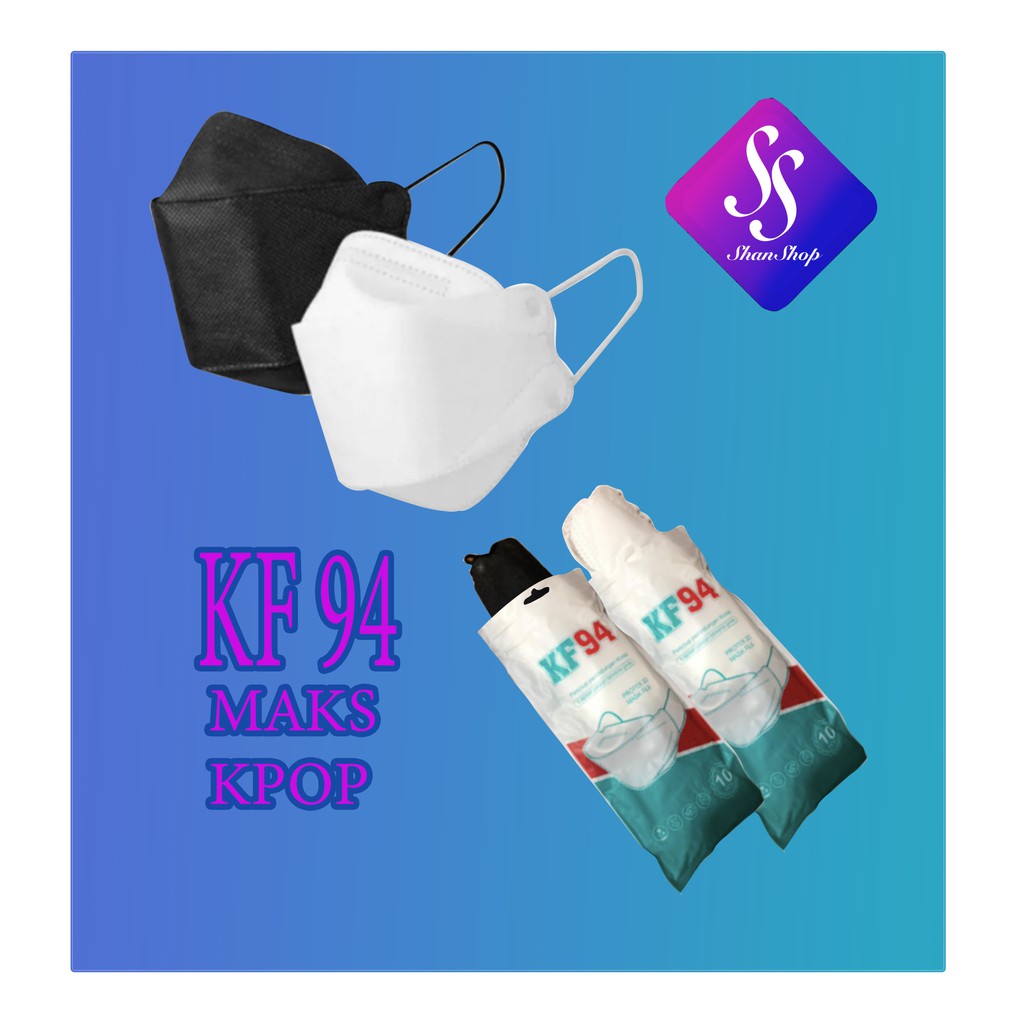 Shanshop (A) 10 Pcs Masker  KF94 Hitam Putih Korea KPOP 3 Lapis Filter Resmi BNPN M02 (80Gr)