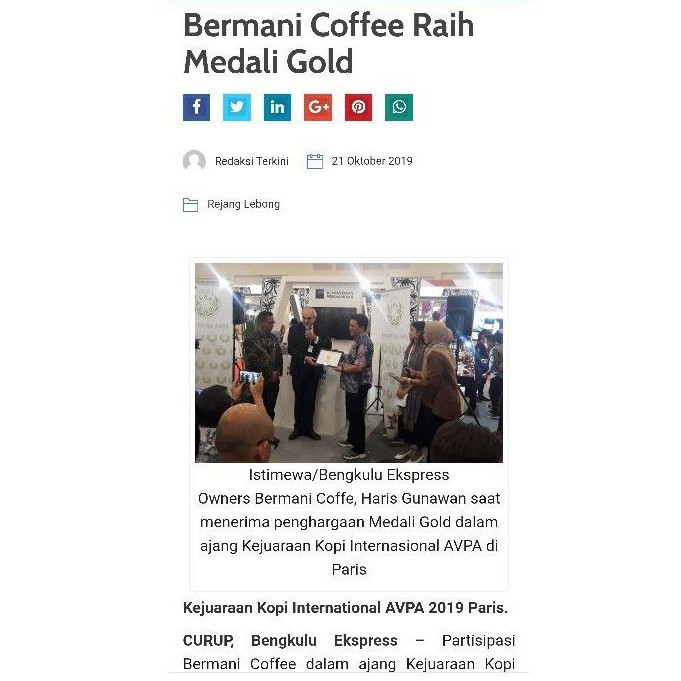 BERMANI COFFE / KOPI BENGKULU PERAIH MENDALI GOLD Kejuaraan Kopi International AVPA 2019 Paris