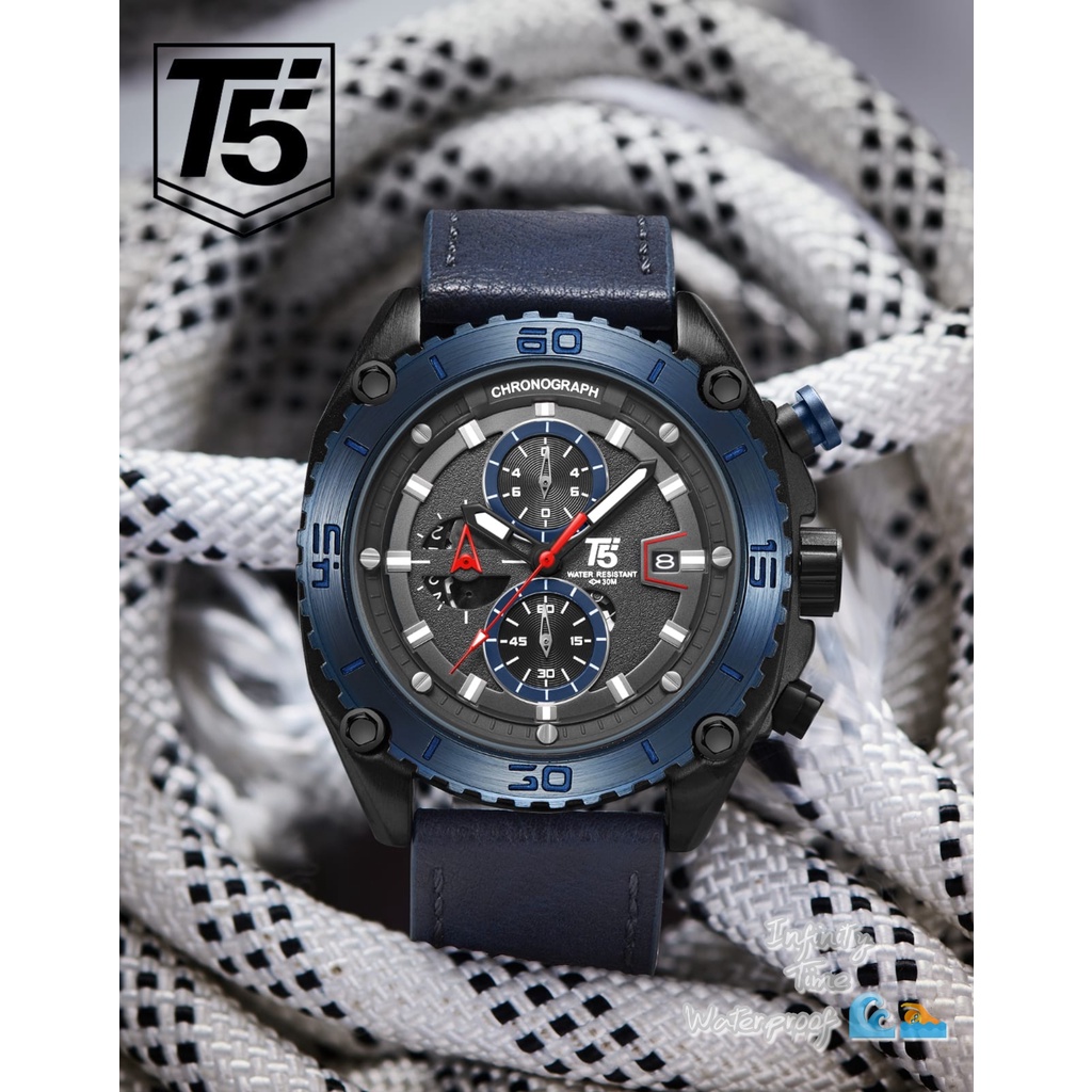 Jam Tangan T5 H3879G H3879 3879 Cowok Chrono dan Tanggal Aktif Strap Leather Kualitas Original Water