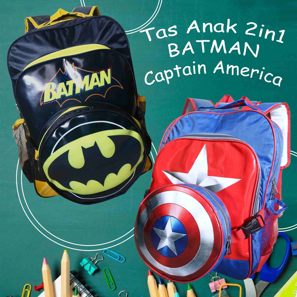 Tas Anak 2in1 Batman Captain America Bagus Ransel Free Slempang Lucu