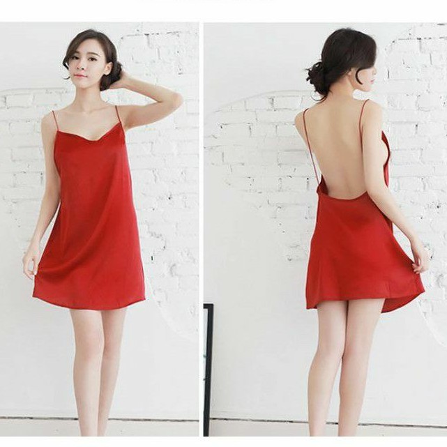 《Phiphii》Simple Sexy Lingerie Dress Gaun Malam Backless Nyaman Bahan Halus