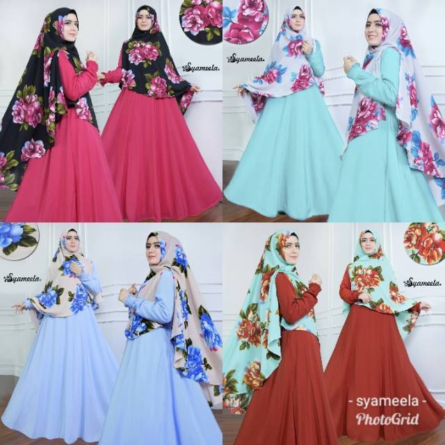 Setelan gamis syari gamis set khimar motif gamis wolfis polos jilbab bubble motif bunga