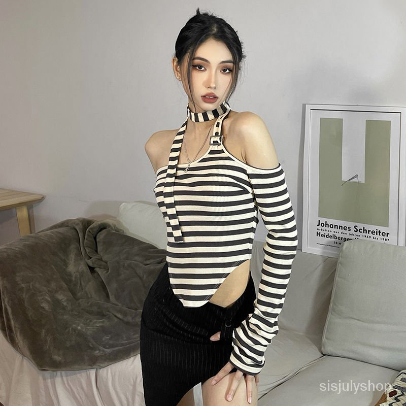 #Sisjuly# Wanita Retro Striped Splicing Fashion Atasan Pendek Wanita Off Shoulder Halter Kaos Rampin