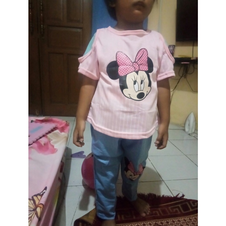 VISION ONLINE [STRIPY MINNIE PINKY] SETELAN BAJU CELANA DENIM PANJANG ANAK PEREMPUAN 1 2 3 4 TAHUN