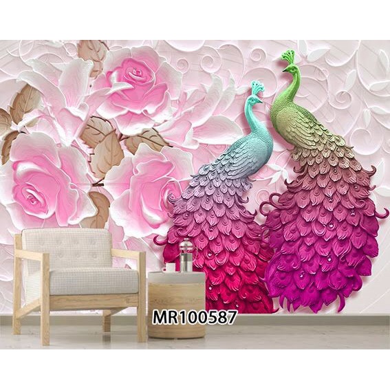 PHOTOWALL MURAL WALLPAPER DINDIND 3D MOTIF BURUNG MERAK PINK BUNGA