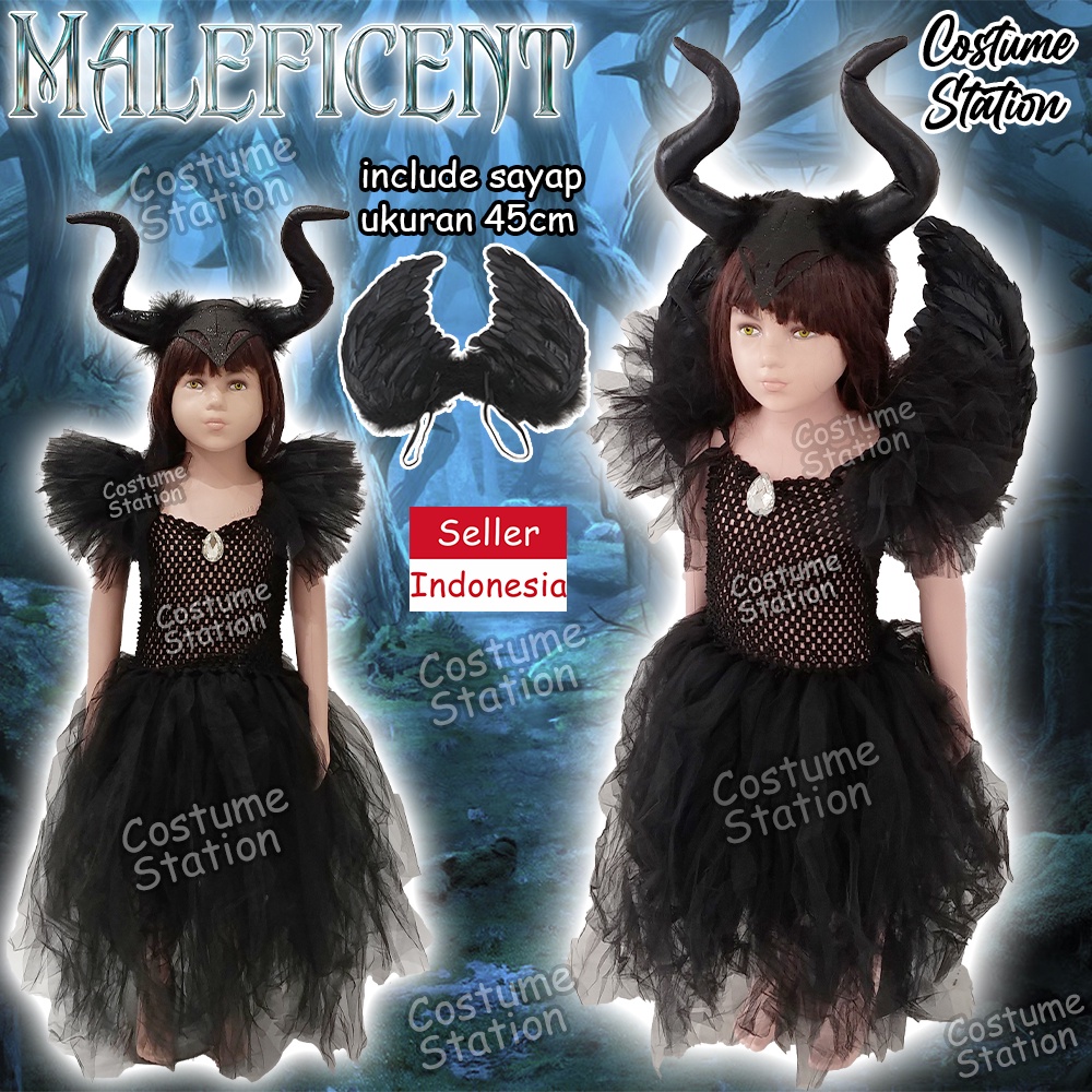 Kostum Maleficent / Costume Witch Penyihir Black Devil Halloween anak