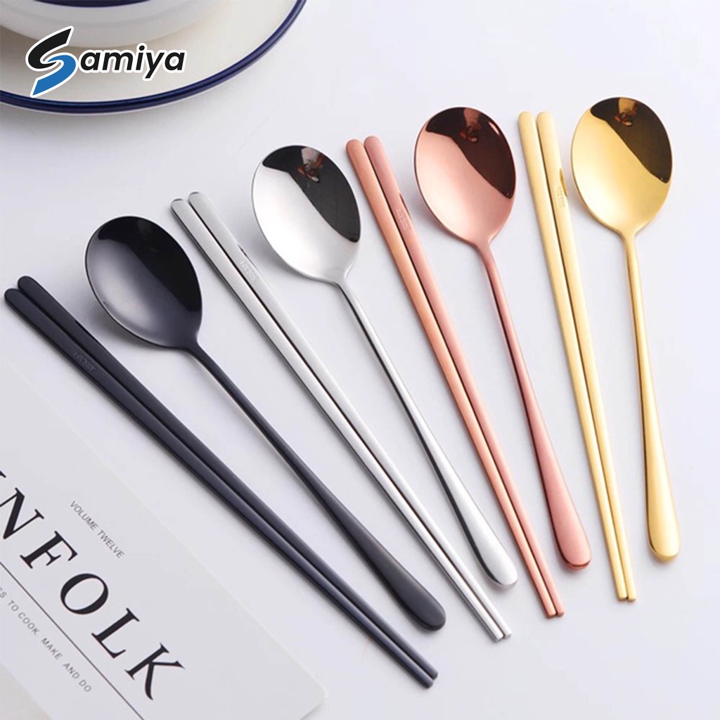 sendok sumpit korea stainless / chopstick spoon korea / sujeo set korea FREE KOTAK BOX ( TERIMA CUSTOM PRINT NAMA dan LOGO )