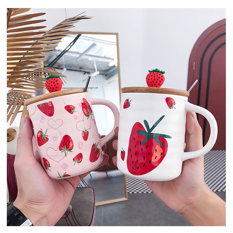 P 133 Cangkir Gelas Strawberry Keramik Mug Lucu Unik Keren Ada Tutup IMpor