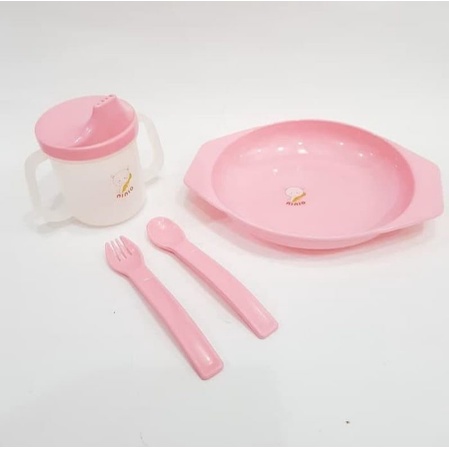 Ninio Feeding Set Perlengkapan Makan Sendok Garpu Mangkok Gelas Bayi F-323 &amp; F-324