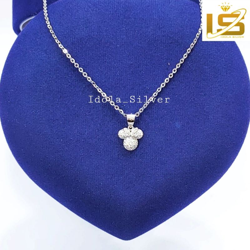 KALUNG PERAK ANAK ASLI SILVER WANITA 925 LAPIS EMAS PUTIH MODEL LIONTIN MICKEY PERMATA FULL PUTIH PITA - PERHIASAN PERAK ANAK ASLI