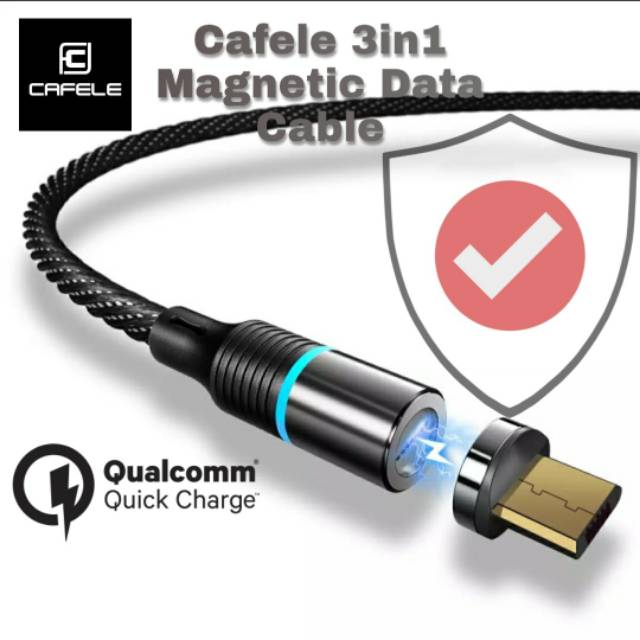 Cafele Premium LED Magnetic 3in1 Data Cable 1M 3A QC 3.0 / Quick Charge Magnetic Cable