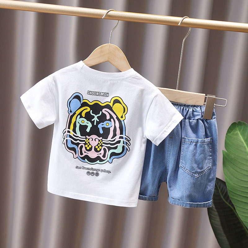 Setelan Anak Laki Laki Jeans Set LEON Baju Anak Musim Panas Korean Style Import