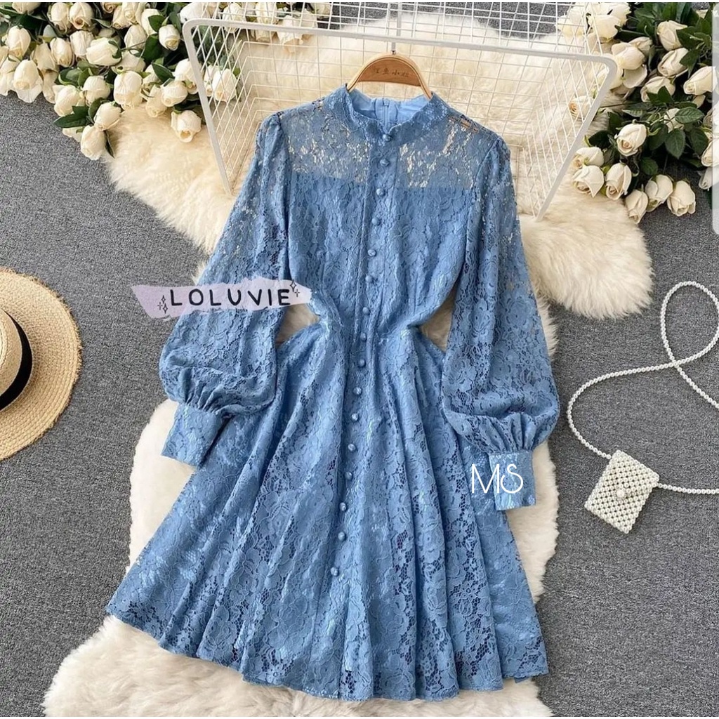 DRESS LOLUVIE BRUKAT FASHION PAKAIAN WANITA DRESS BRUKAT LAPIS FURING MS ADA VIDEO REAL PIC