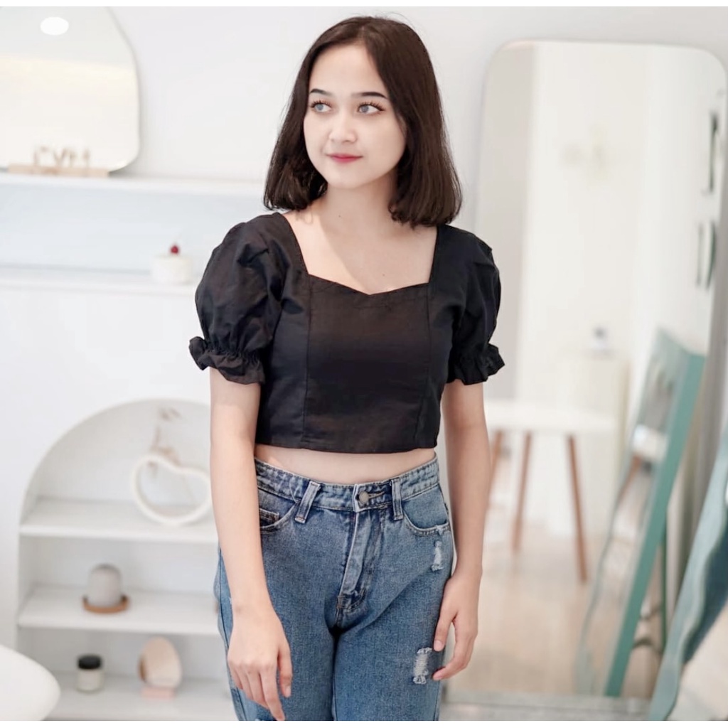 BEFAST - ZFS OOTD Blouse IRUYA / VIOLA LINEN CROP TOP / Blouse Crop Top Model Terbaru / Blouse Crop Lengan Pendek Karet / Fashion Wanita Kekinian / Blouse Crop Wanita Modis / OOTD Wanita Ala Korean Style / Blouse Leher Kotak / Trendy / Pakaian Wanita Rema