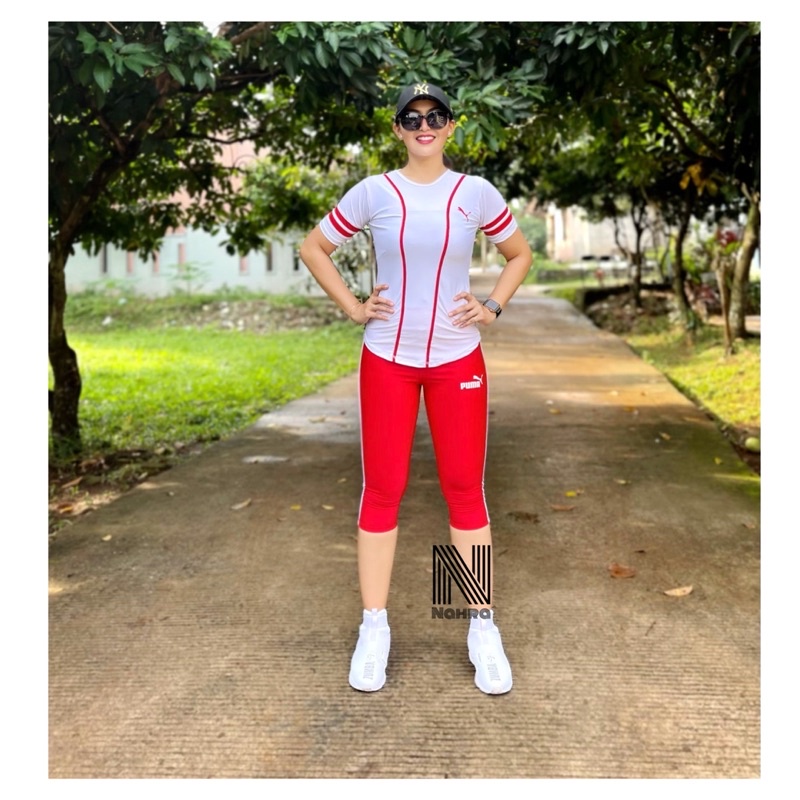 Setelan Baju Senam Olahraga Baseball Putih Merah  / Baju Senam Aerobik Fitness Zumba Cycling Running-2