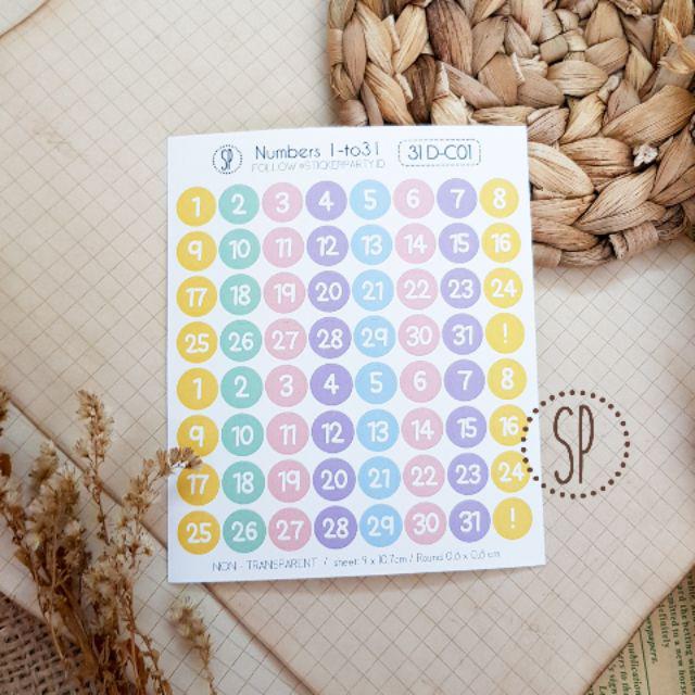[Sticker Party]  Sticker Alphabet Huruf Abjad Angka Minggu Bulanan Dot 0,8CM Warna Candy-1-31 (Not Laminated)