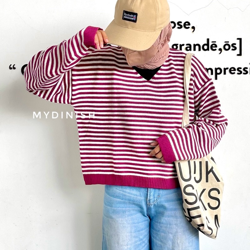 Audrey Crop Knit Blouse - Atasan Stripee Wanita