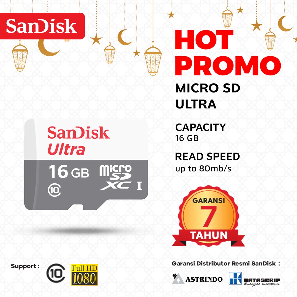 Memory Card | HOT PROMO Micro SD 16GB SanDisk Ultra up to 80Mbps CL10 - Garansi Resmi 7 Tahun