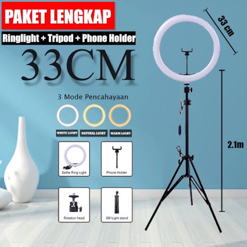 PAKET LENGKAP RING LIGHT LED 26CM 33CM Lampu 26 cm Make Up Lampu + TRIPOD 2,1M + HOLDER HP Ringlight