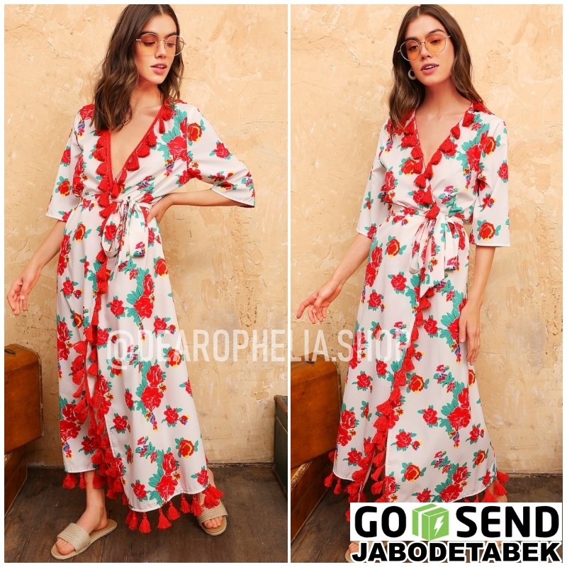 Kimono Cardigan Outer Outwear Pantai Tassel Floral Boho Bohemian