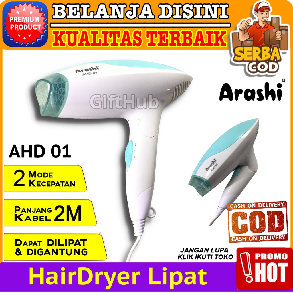 Folding Hair Dryer Alat Pengering Rambut Lipat 2 Mode Arashi AHD 01 Original HairDryer Kabel 2m