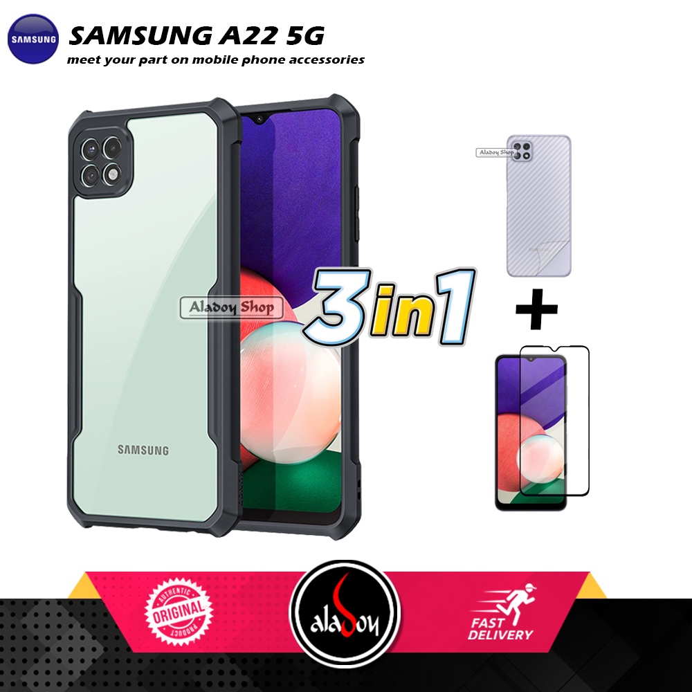 Case SAMSUNG A22 5G Armor Fushion Transparent Casing + Tempered Glass Full Layar dan Skin Carbon