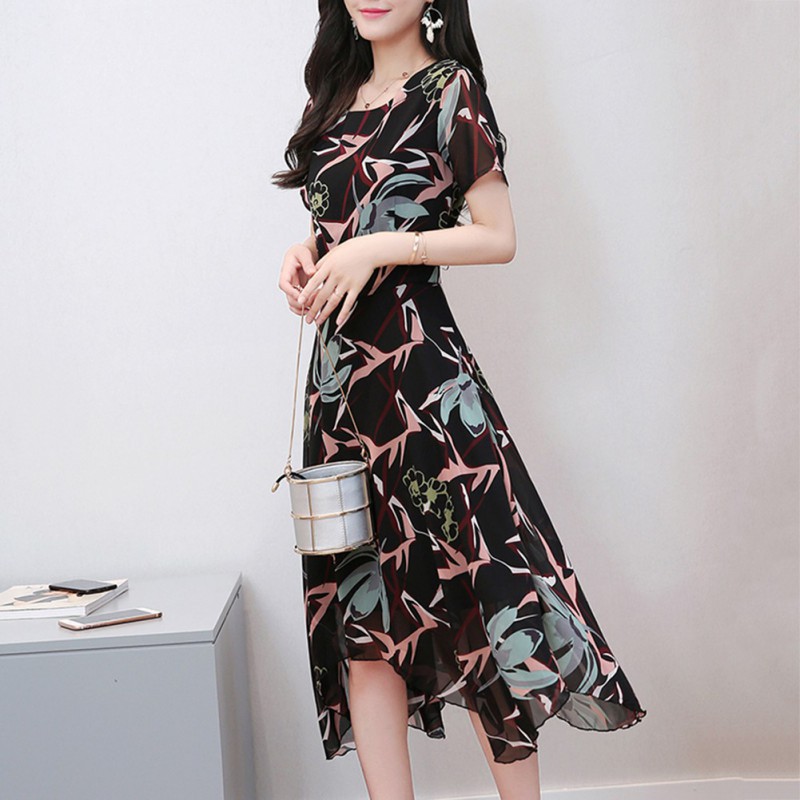 Dress Temperament Slim Elegan Gaya Korea Bahan Sifon Motif Bunga