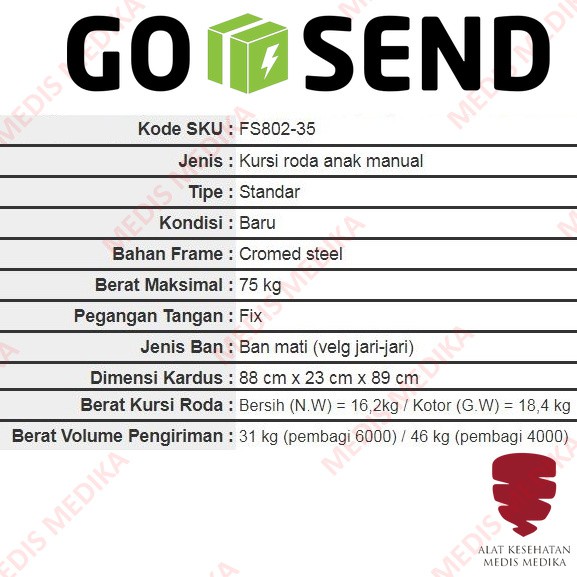 GOJEK ONLY Kursi Roda Anak GEA FS 802-35 Wheel Chair Child Wheelchair Alat Bantu Jalan Ringan