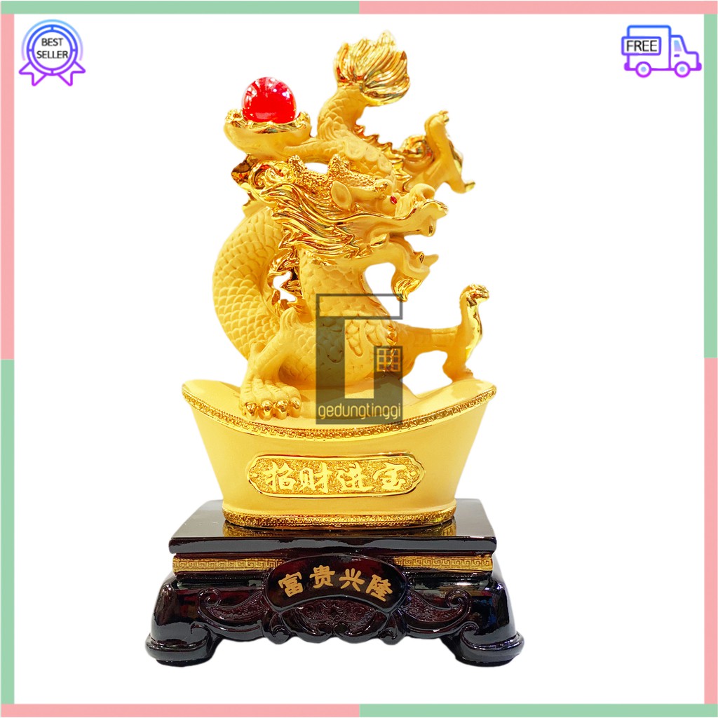 Pajangan Patung Hiasan Imlek Rejeki 12 Shio Naga Yenpao Fengshui Lucky Uang Emas Gold Besar XL Resin