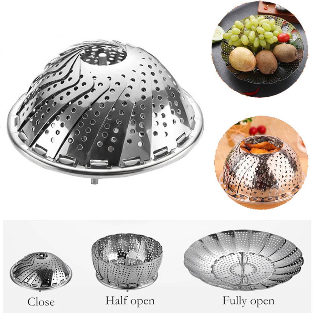 Keranjang Steamer Makanan/Panci Jaring Kukus Ikan Telur Lipat Yang Dapat Ditarik/Tempat Penyimpanan Rak Makanan Kukus Bun Stainless Steel/Expandable Mesh Steamer Cookware Alat Dapur