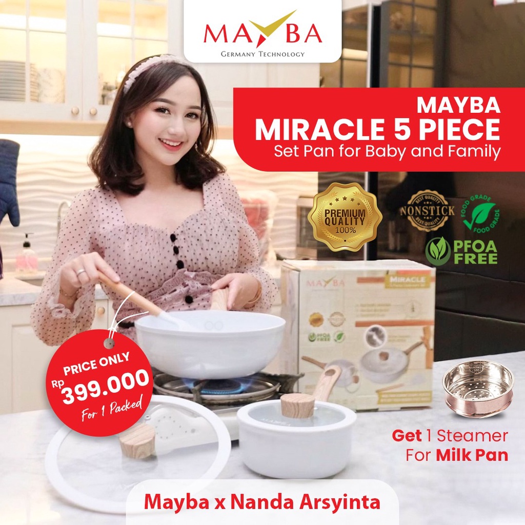 PREORDER&quot; PANCI SET ARTIS Mayba Miracle 5 pc FREE STEAMER PANCI BAYI isi spatula silicon Penggorengan wok sauce pan anti lengket W/LID