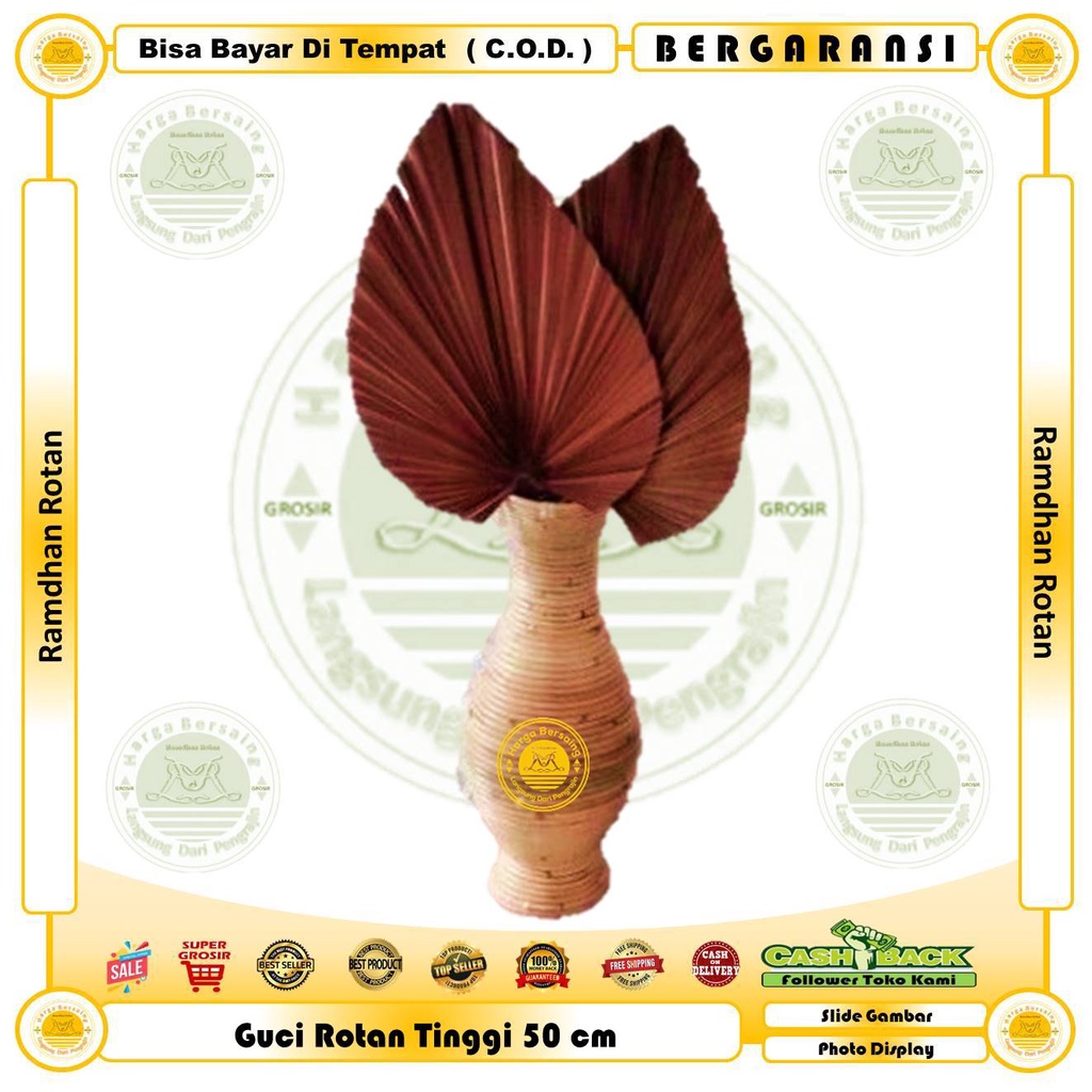 Guci Rotan Tinggi 50 cm - Vas Hias Rotan 50 cm - Ramdan Rotan - Tempat Pot Bunga Bentuk Guci Dari Ro