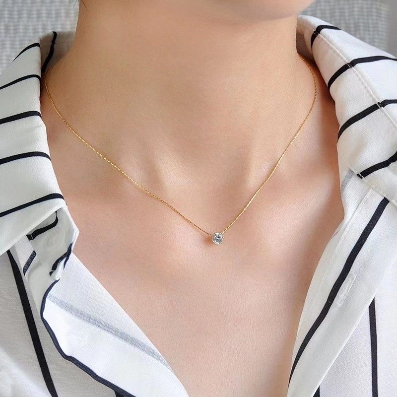 Anting Titanium Berlian Satu Mata Mewah Emas 14K Anti Karat Aksesoris Wanita Korea