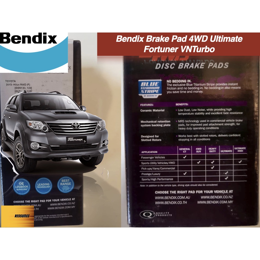 Kampas Rem Toyota Fortuner VNT 2KD Bendix 4WD Ultimate