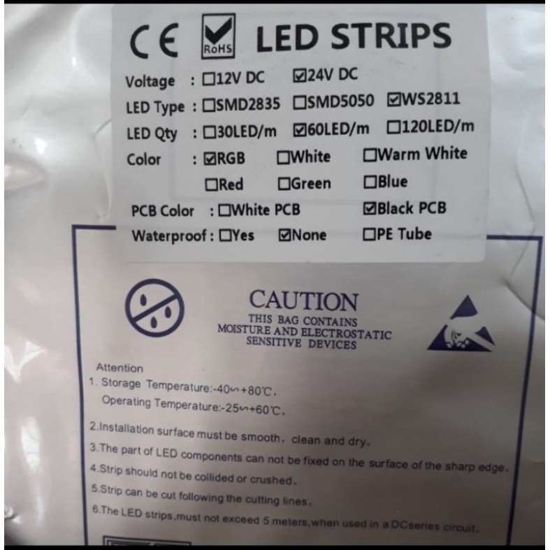 Lampu LED strip RGB ws2811 24v indoor pcb hitam 1roll 5m isi 300led