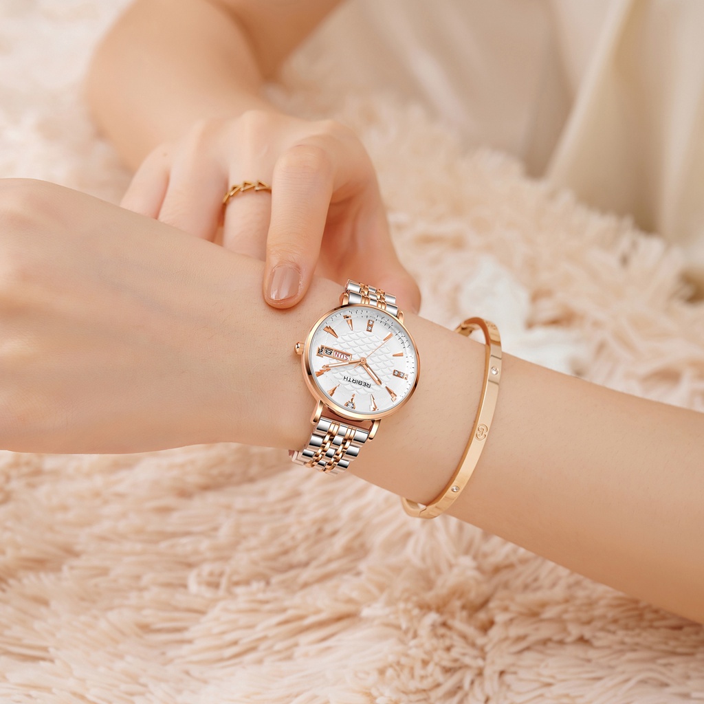 REBIRTH Jam Tangan Wanita Tampilan Kalender Ganda Mode Bisnis Ganda Anti Air Kuarsa Tali Stainless Steel Jam Tangan Cewek