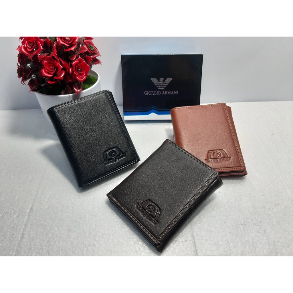 Dompet Kulit Asli Model Lipat 3 Pria Wanita Merk Giorgio Armani Motif Kulit Jeruk Lembut Dan Tebal