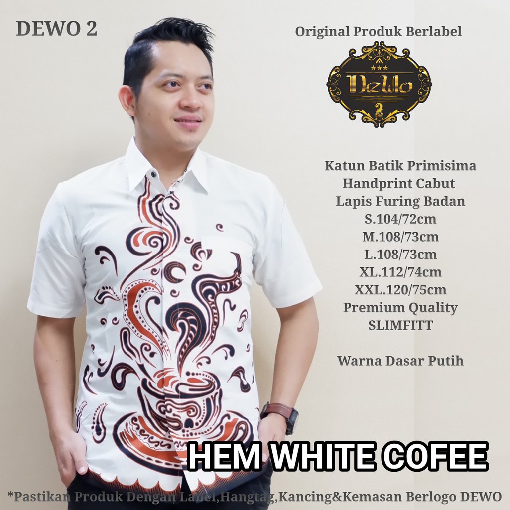 WHITE COFFEE Kemeja Batik Pria Lengan Pendek Katun Halus FULL FURING Dewo