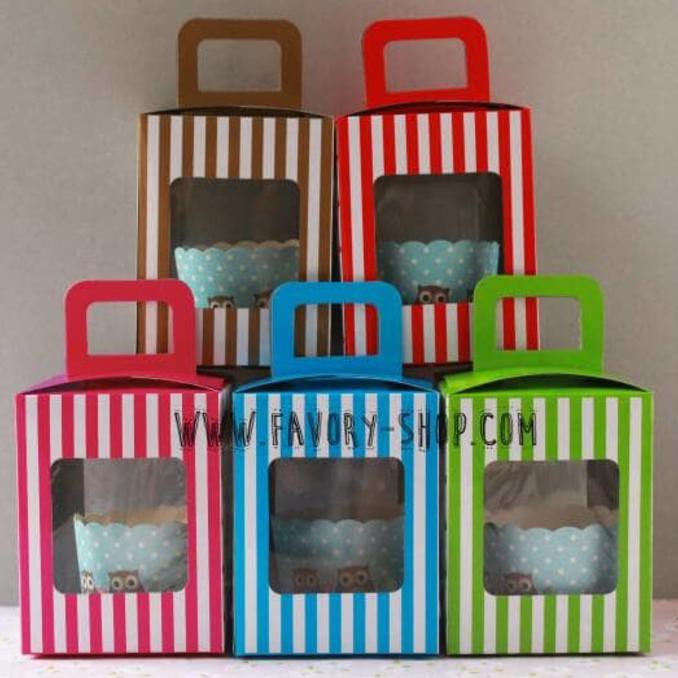 Dus Cupcake isi 1 Garis Polka / Box Kemasan Kue Cupcake Single