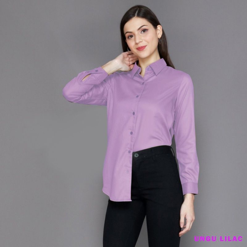 Kemeja Wanita Polos Putih Hitam Atasan Blouse Casual Lengan Panjang Basic Katun Rayon-Lilac rayon