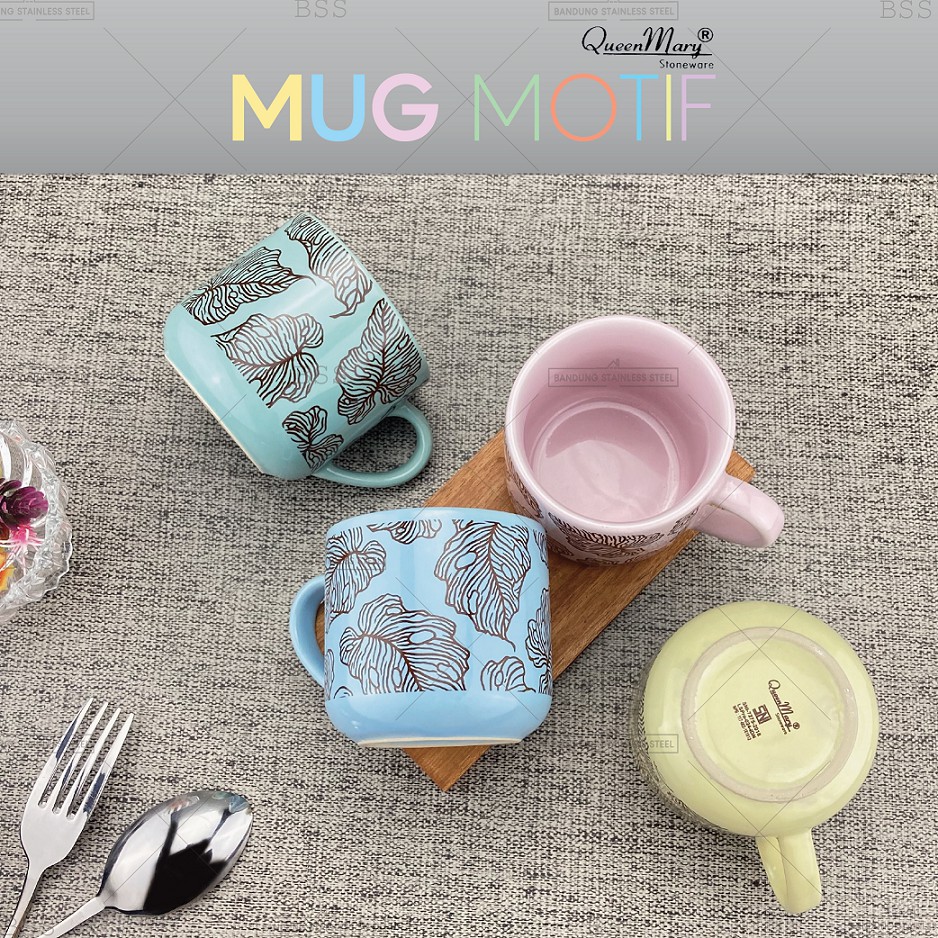 Gelas Mug 300ml Keramik Warna Pegangan Motif Daun Cantik Murah Tebal Tahan Panas