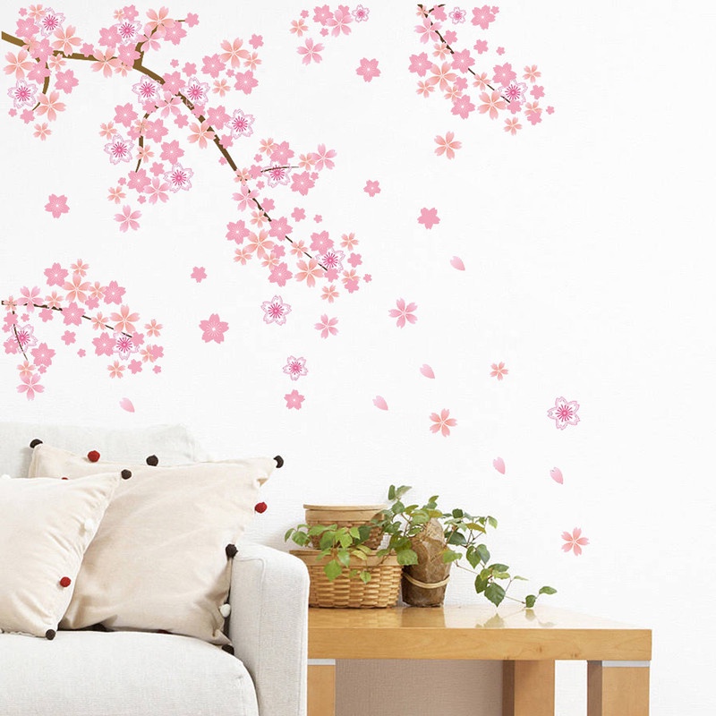 Stiker Dinding Motif Bunga Plum Blossom Warna Pink Untuk Dekorasi Ruang Tamu / Kamar Tidur