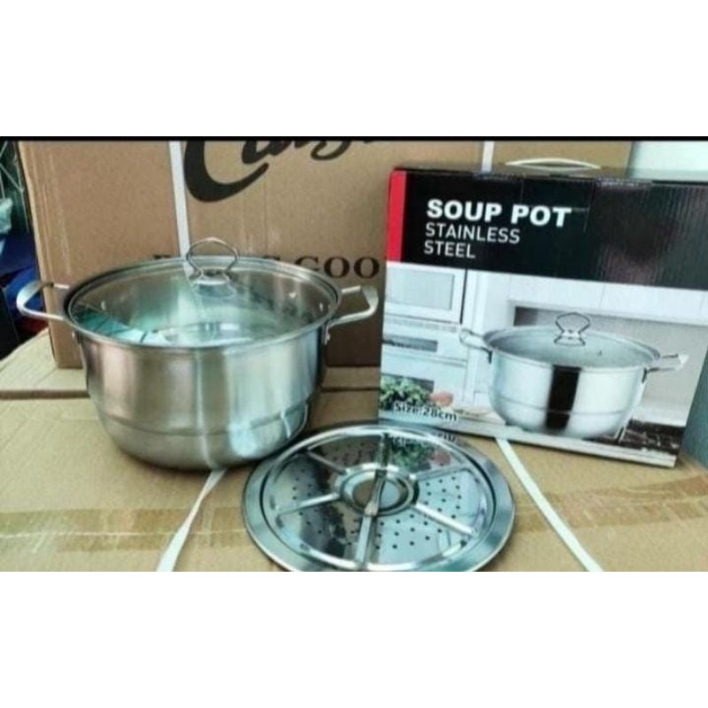 (COD) Panci Steamer Calypso Stainless / Panci labu Calypso 16 &amp; 18cm / Soup Pot Calypso Tutup Kaca / Panci Stainless