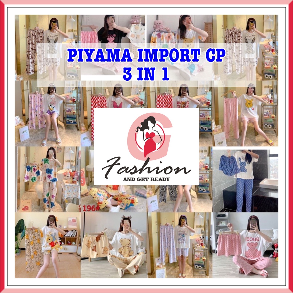 BISA COD !!! PIYAMA IMPORT 3IN1 / BAJU TIDUR LENGAN PENDEK FIT TO XL